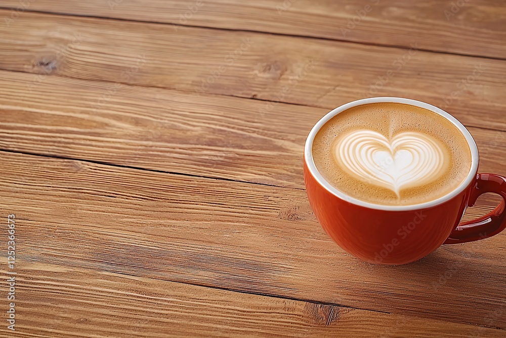 Heart-Shaped Latte Art in Orange Cup on Rustic Wooden Table: Cozy Coffee Break Heart-Shaped Latte Art in Orange Cup on Rustic Wooden Table: Cozy Coffee Break