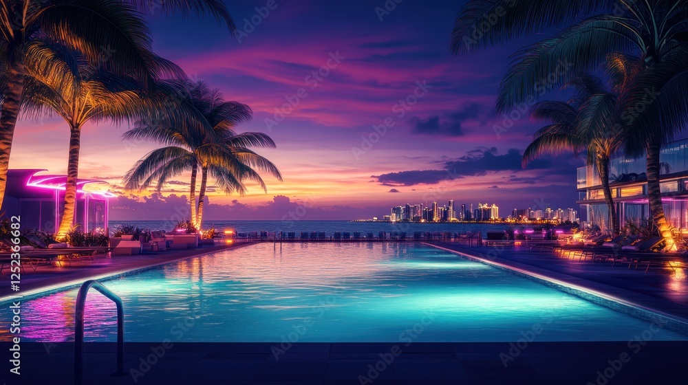 Fototapeta premium Tropical poolside sunset, city skyline, vacation relaxation