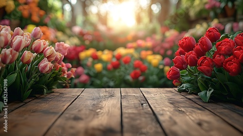 Fototapeta Naklejka Na Ścianę i Meble -  Natural wooden table with blurred flower market interior filled with fresh roses and tulips