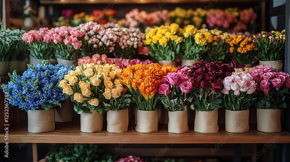 Smooth wood counter with a softly blurred florist boutique showcasing cascading flower displays Smooth wood counter with a softly blurred florist boutique showcasing cascading flower displays