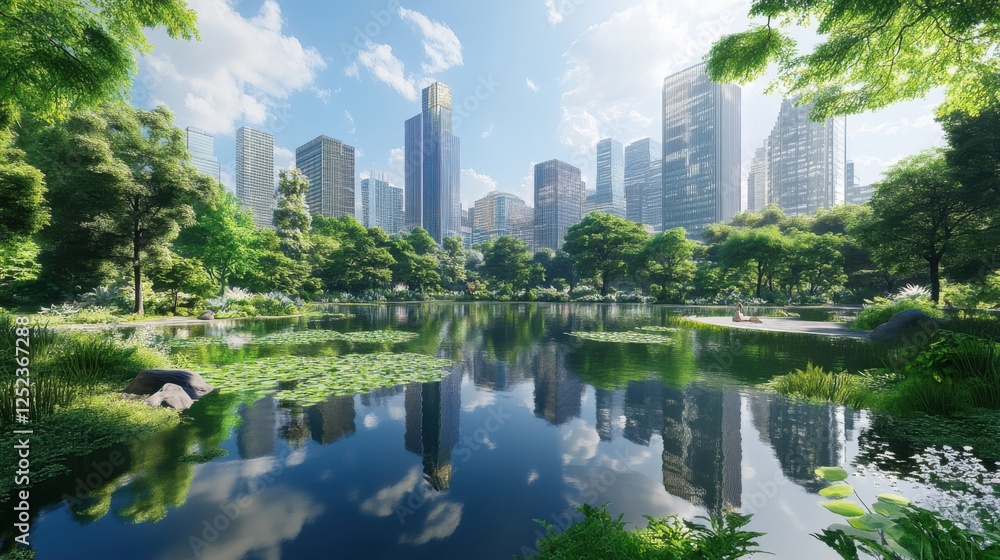 Naklejka premium Lush park with greenery and skyscrapers showcasing cityscape harmony.