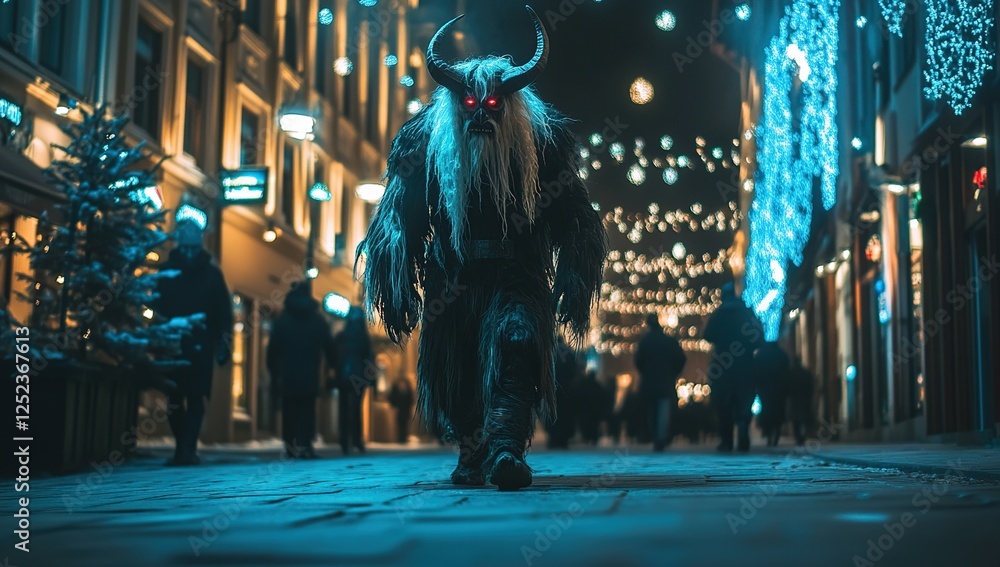 Fototapeta premium Nighttime City Stroll of a Figure in a Dark, Furry Costume with Horns, Walking Through Festive Lights