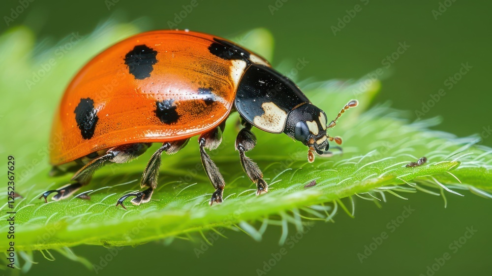 Fototapeta premium Close-up of a vibrant ladybug perched on a green leaf, showcasing nature's beauty and detail