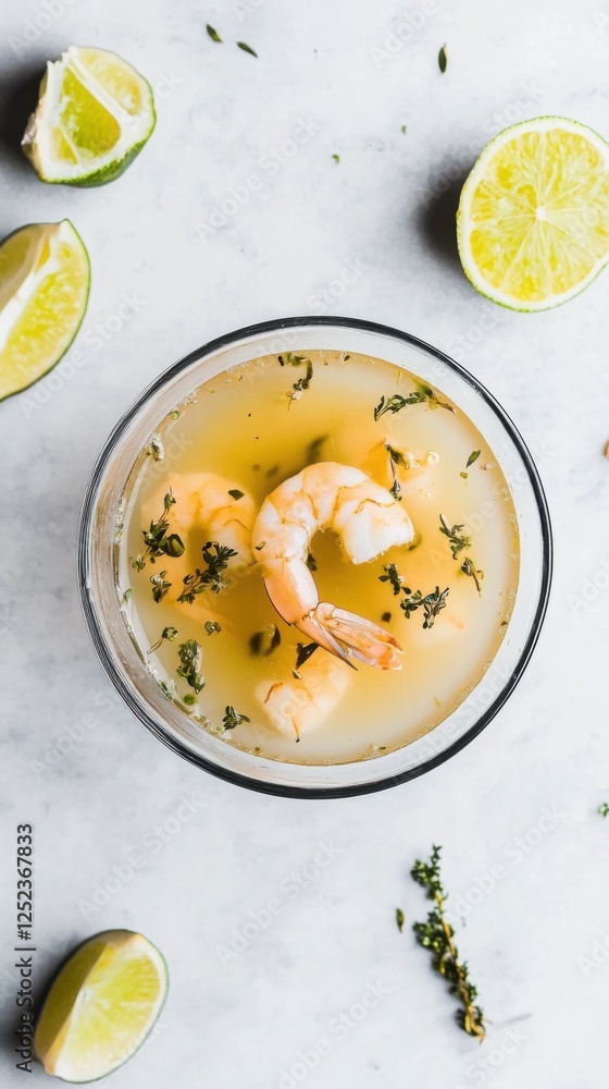 Golden shrimp broth with garlic and lime in a modern, sleek bowl Golden shrimp broth with garlic and lime in a modern, sleek bowl