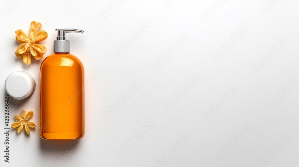 Obraz premium Orange Shampoo Bottle with Floral Design on White Background. Generative AI