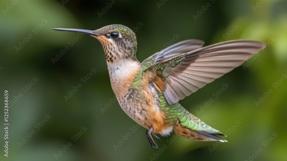 Fototapeta premium Vibrant hummingbird in mid-flight, showcasing iridescent feathers against a blurred green backdrop