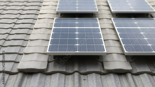 a roof with a row of solar panels on it's side of it, with a sky background, Évariste Vital Luminais, ecological art, solarpunk, a digital rendering photo