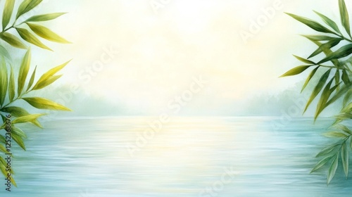 Serene Lake with Gentle Greenery and Soft Light. Generative AI photo