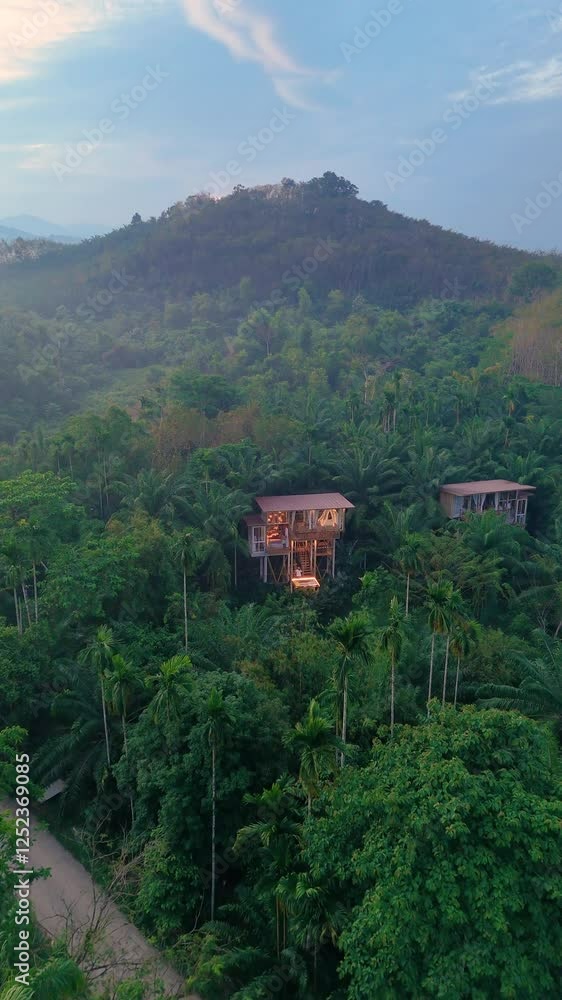 Nestled in the heart of a vibrant forest, two charming wooden treehouse emerge from the lush landscape, glowing softly as the sun sets behind distant mountains. treehouse in a jungle rainforest Nestled in the heart of a vibrant forest, two charming wooden treehouse emerge from the lush landscape, glowing softly as the sun sets behind distant mountains. treehouse in a jungle rainforest