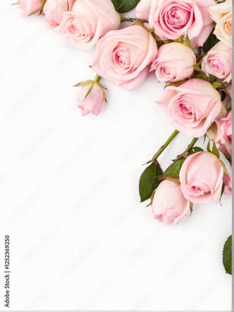 Fresh pink roses border isolated on white background Fresh pink roses border isolated on white background