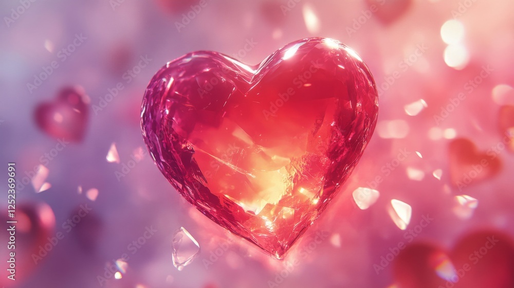 Crystal Red Heart Floating in Dreamy Pink and Purple Atmosphere for Valentine's Day Crystal Red Heart Floating in Dreamy Pink and Purple Atmosphere for Valentine's Day