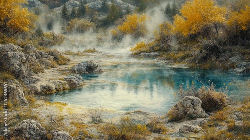 Autumnal hot spring, steaming, mountain landscape