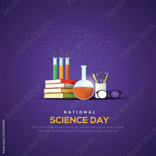 Vector illustration of a background for national Science Day. Science Day design with modern, shinny and technology background,  concept with test tube, pencil stand, specs, books.