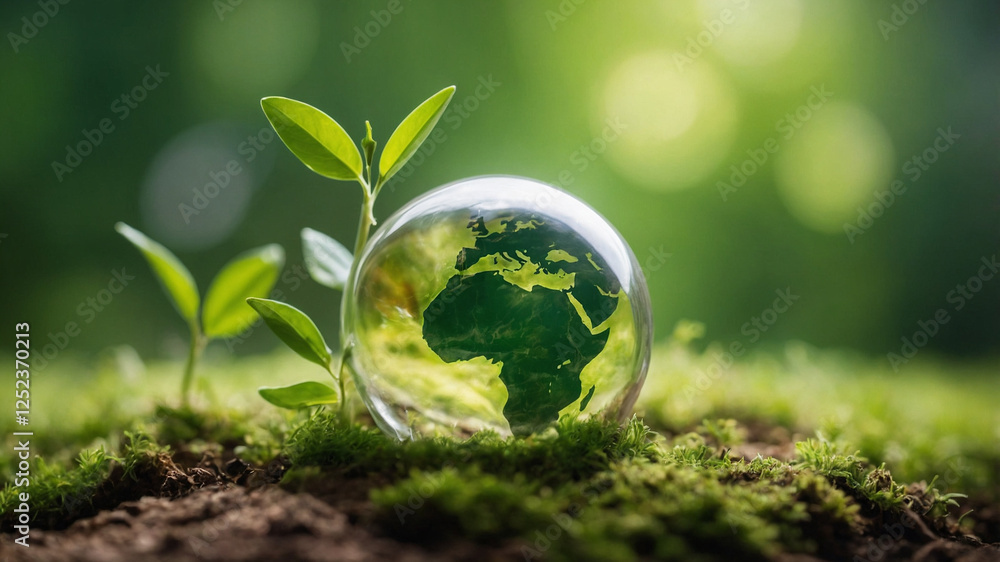Fragile Earth: A Glass Orb Reflecting the Planet Among Seedling Growth Fragile Earth: A Glass Orb Reflecting the Planet Among Seedling Growth