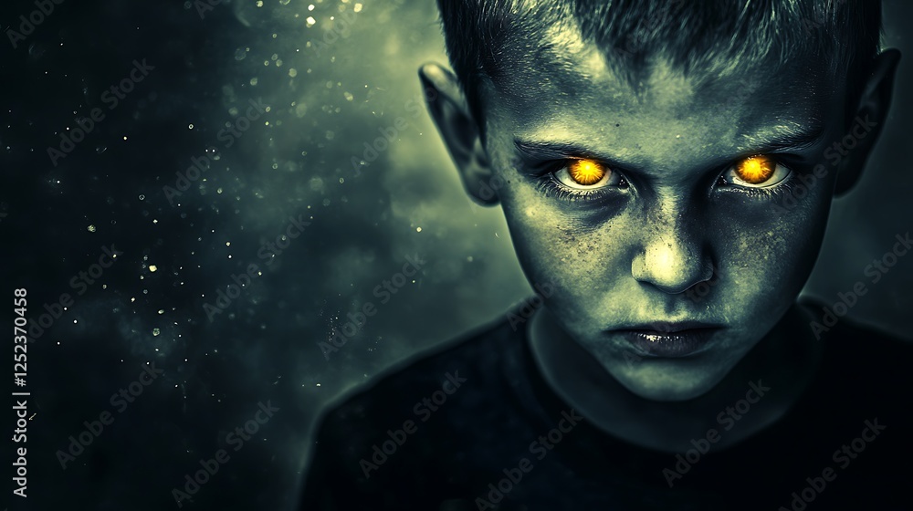 Young boy with glowing eyes in a dark, dusty atmosphere, cinematic mood Young boy with glowing eyes in a dark, dusty atmosphere, cinematic mood