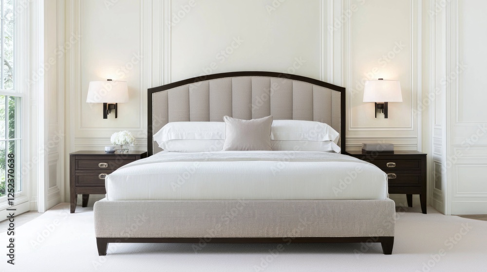 Fototapeta premium Elegant Transitional Bedroom Design with Soft Neutral Tones