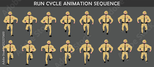 Police Officer Character Run cycle animation sequence. Front running frame by frame animation sprite sheet.
