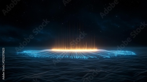 Digital Data Transfer Concept with Glowing Fibers on Ocean Floor. Generative AI