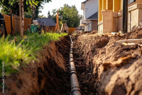 Pipe laid in trench near house for utility infrastructure installation project