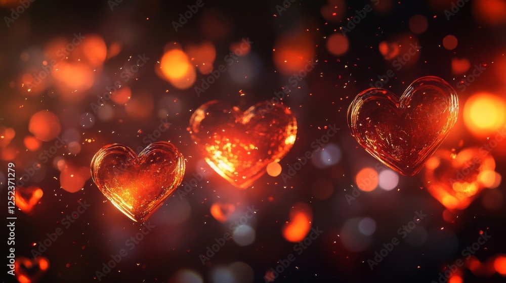 Three Dimensional Red Heart Floating in Air with Sparkling Glitter and Bokeh Background Three Dimensional Red Heart Floating in Air with Sparkling Glitter and Bokeh Background