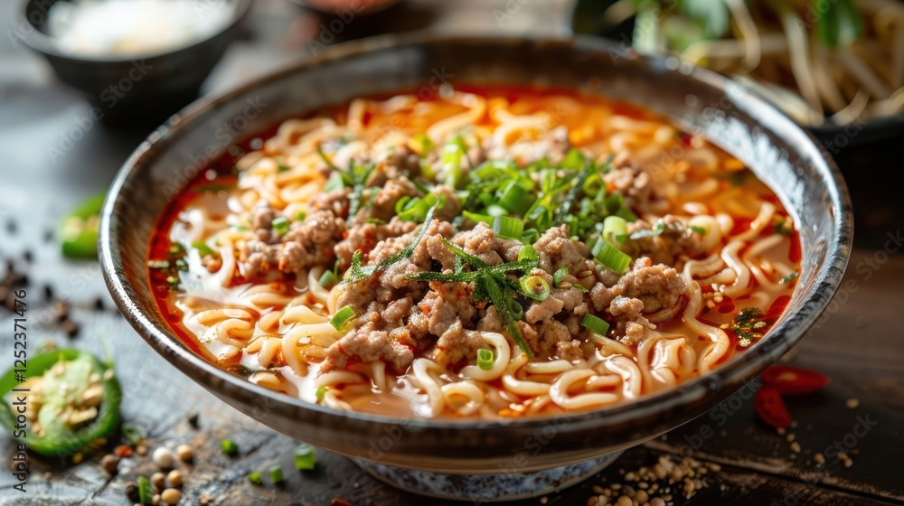 A bowl of spicy noodle soup topped with minced meat and green onions. A bowl of spicy noodle soup topped with minced meat and green onions.