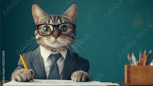 A humorous image of a cat wearing glasses and a suit, sitting at a desk with a pencil, exuding an air of professionalism.