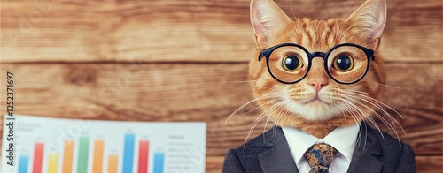 A dressed-up cat wearing glasses poses confidently in front of a colorful bar chart on a wooden background.