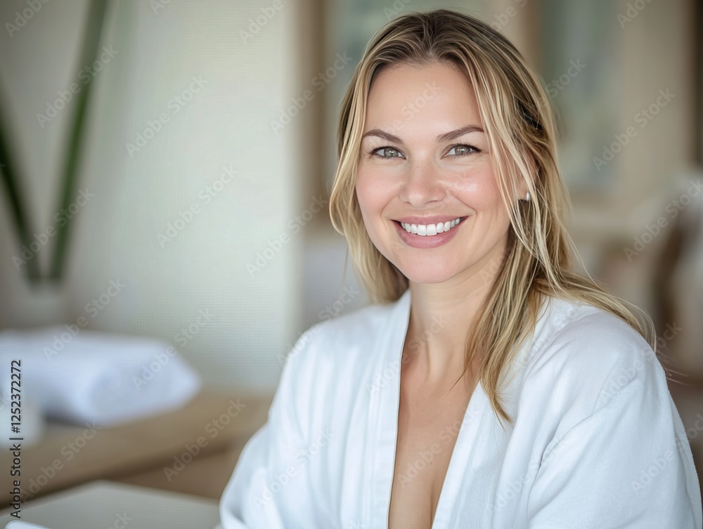 Elegant blonde woman in her late thirties, sitting at a table in white pajamas and oversized robe, natural light on clean skin, pastel background. Elegant blonde woman in her late thirties, sitting at a table in white pajamas and oversized robe, natural light on clean skin, pastel background.