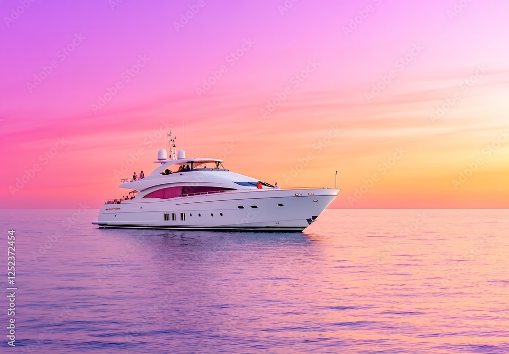 Naklejka premium Luxury Yacht at Sunset on Calm Ocean Waters