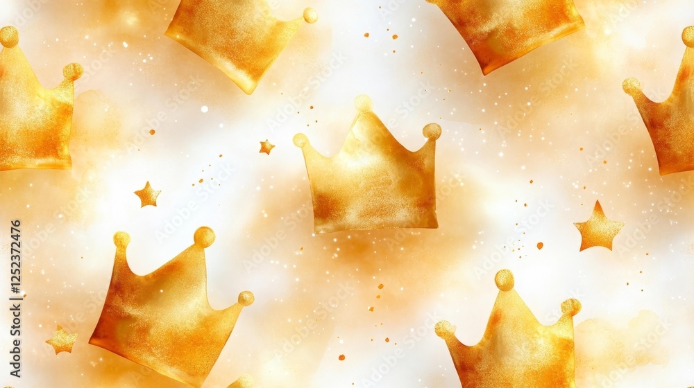Seamless Pattern of Golden Crowns with Sparkling Stars. Generative AI Seamless Pattern of Golden Crowns with Sparkling Stars. Generative AI