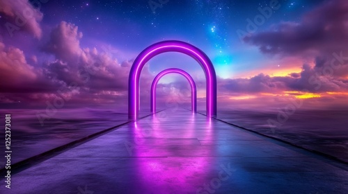 Neon Archway on a Cloudy Sky Background at Sunset. Generative AI
