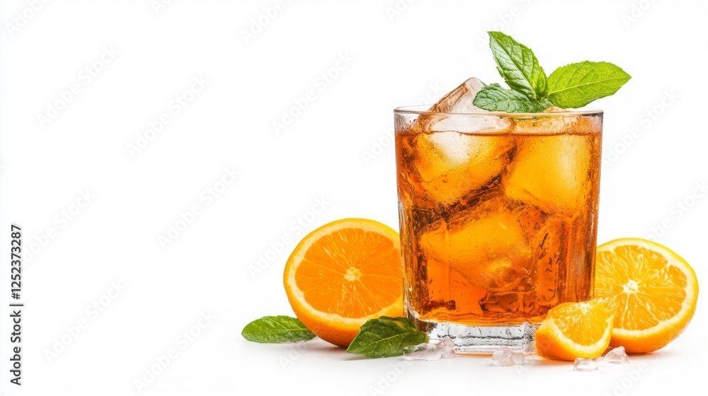 Refreshing Iced Tea with Orange and Mint on White Background. Generative AI Refreshing Iced Tea with Orange and Mint on White Background. Generative AI