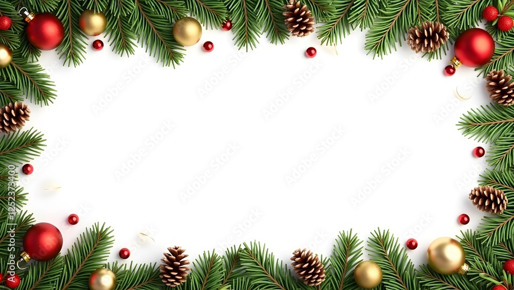Elegant Christmas Border with Red and Gold Ornaments and Pine Garland Elegant Christmas Border with Red and Gold Ornaments and Pine Garland
