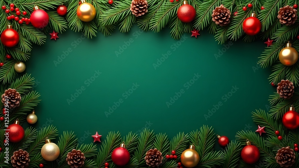 Elegant Christmas Border with Black Branches, Red and Gold Ornaments on a Green Background Elegant Christmas Border with Black Branches, Red and Gold Ornaments on a Green Background