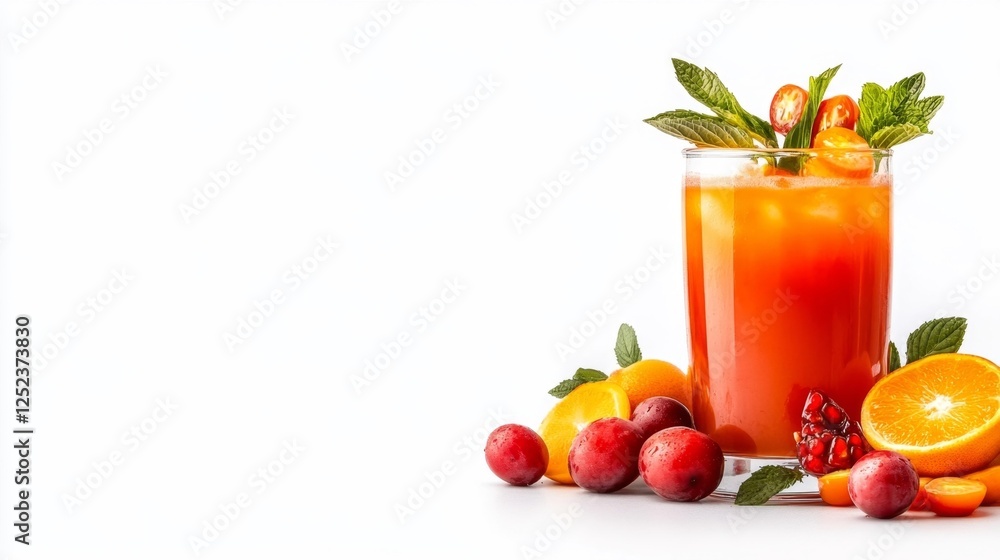 Refreshing fruit drink with citrus and pomegranate garnished with mint leaves on a white background. Generative AI Refreshing fruit drink with citrus and pomegranate garnished with mint leaves on a white background. Generative AI