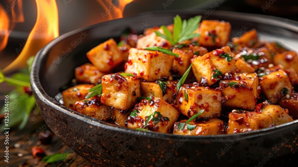 A bowl of spicy, cubed tofu garnished with herbs and sesame, showcasing appetizing flavors. A bowl of spicy, cubed tofu garnished with herbs and sesame, showcasing appetizing flavors.