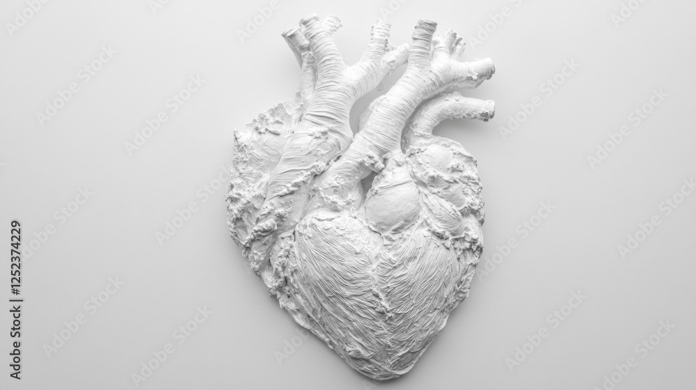 Obraz premium Monochrome Heart Model on White Background Detailed Anatomical Still Life