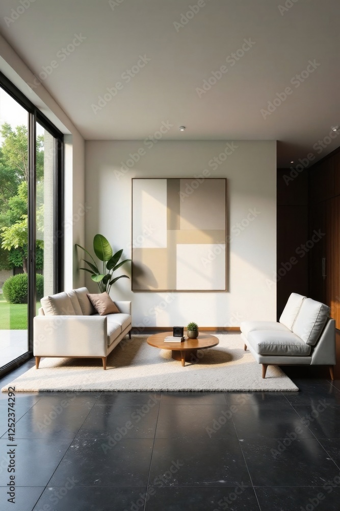 Fototapeta premium Serene Minimalist Living Room Design with Modern Furniture and Abstract Artwork