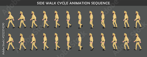 Police Officer Character walk cycle animation sequence. Side walk frame by frame animation sprite sheet.
