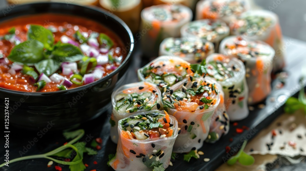 Fresh spring rolls served with a spicy dipping sauce, garnished with herbs and vegetables. Fresh spring rolls served with a spicy dipping sauce, garnished with herbs and vegetables.