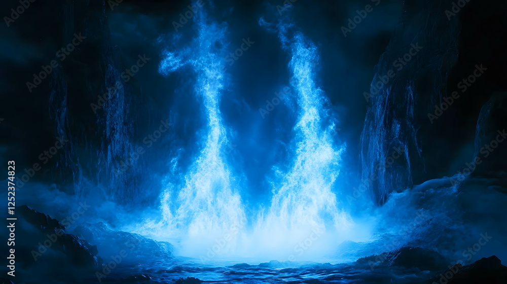 Mystical Blue Flames Erupting from Dark Waters in Enigmatic Cave Mystical Blue Flames Erupting from Dark Waters in Enigmatic Cave