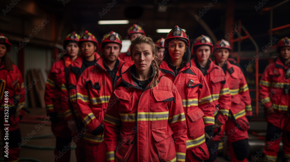 Female firefighter standing in front with team in the background at a fire station. Female firefighter standing in front with team in the background at a fire station.