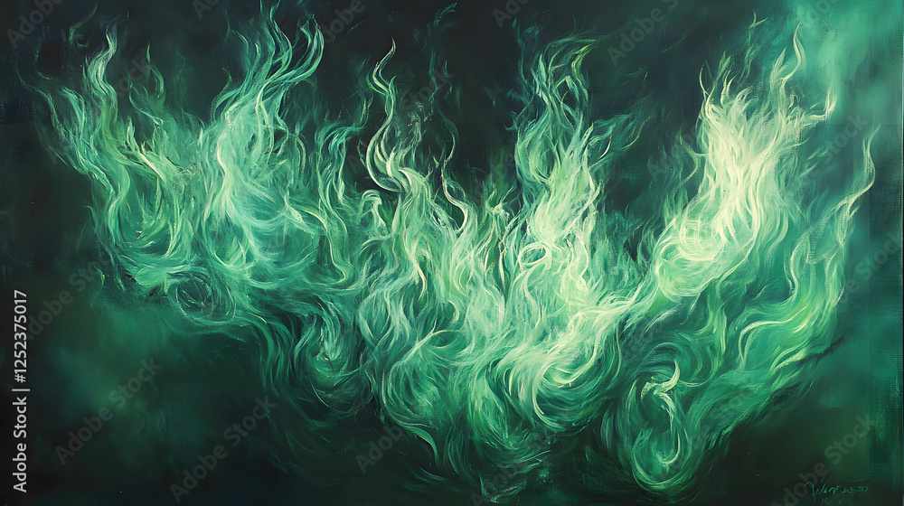 Ethereal Green Flames Dancing in a Mysterious Dark Background Ethereal Green Flames Dancing in a Mysterious Dark Background