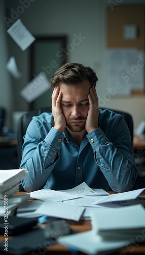 messy papers challenges a busy amidst financial stress burnout facing office businessman corporate chaotic desk desk chaos business office corporate paperwork work employee job stress document