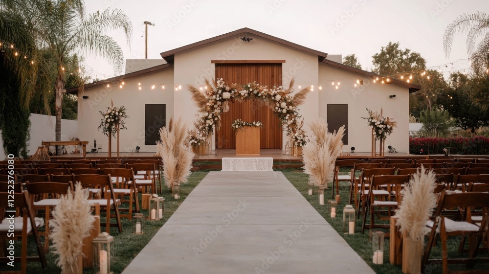 Fototapeta premium Bohemian-Inspired Garden Reception with Neutral Tones and Elegant Floral Arrangements
