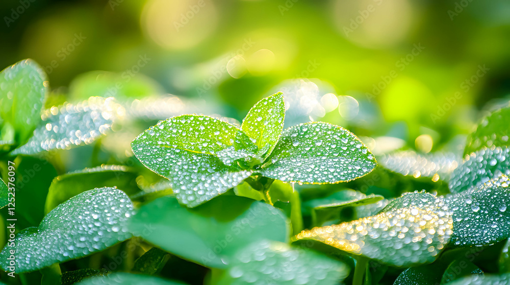 Fresh Green Leaves with Dew Drops Glimmering in Morning Light Fresh Green Leaves with Dew Drops Glimmering in Morning Light