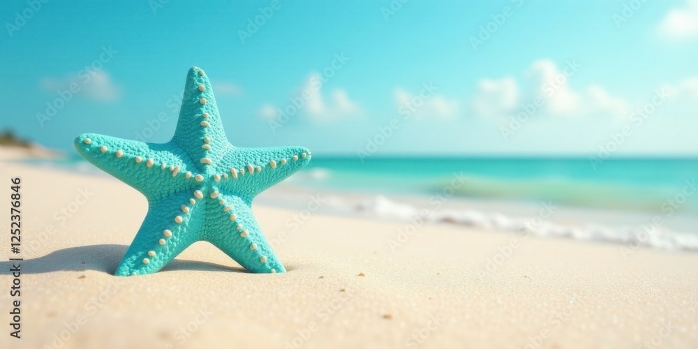 A serene turquoise starfish rests gently on a pristine, sun-kissed beach, the tranquil ocean waves softly lapping nearby. A serene turquoise starfish rests gently on a pristine, sun-kissed beach, the tranquil ocean waves softly lapping nearby.