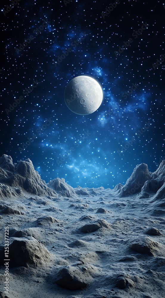 Otherworldly Moonlit Landscape Night Sky with Starry Background and Otherworldly Moonlit Landscape Night Sky with Starry Background and