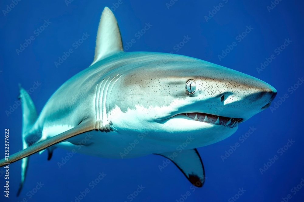 Obraz premium Shark swimming in blue ocean looking straight, marine wildlife conservation use