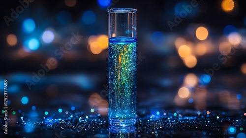 Close up shot of a clear test tube filled with twinkling blue and green glitter appearing weightless